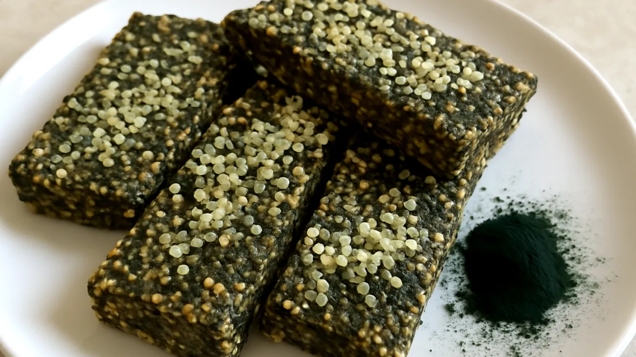 Barrette di quinoa soffiata con semi di canapa e spirulina"