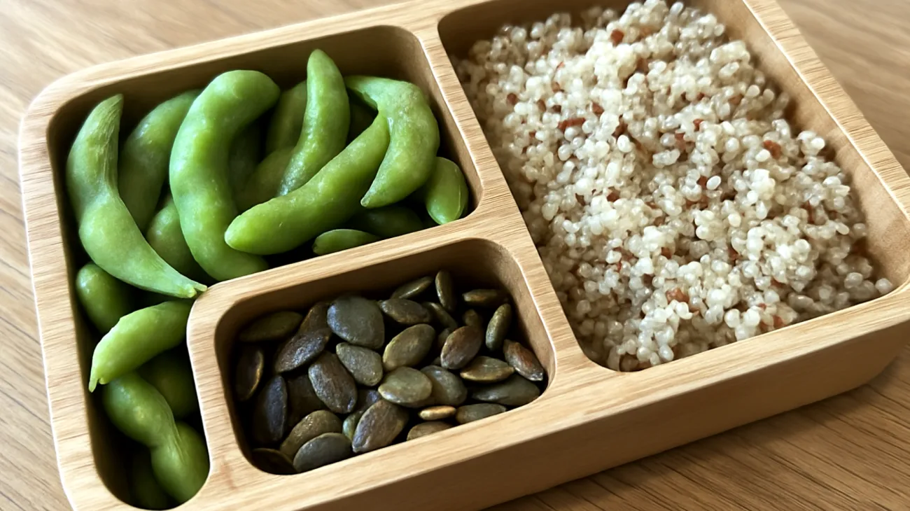 Bento box con edamame, quinoa e semi di zucca"