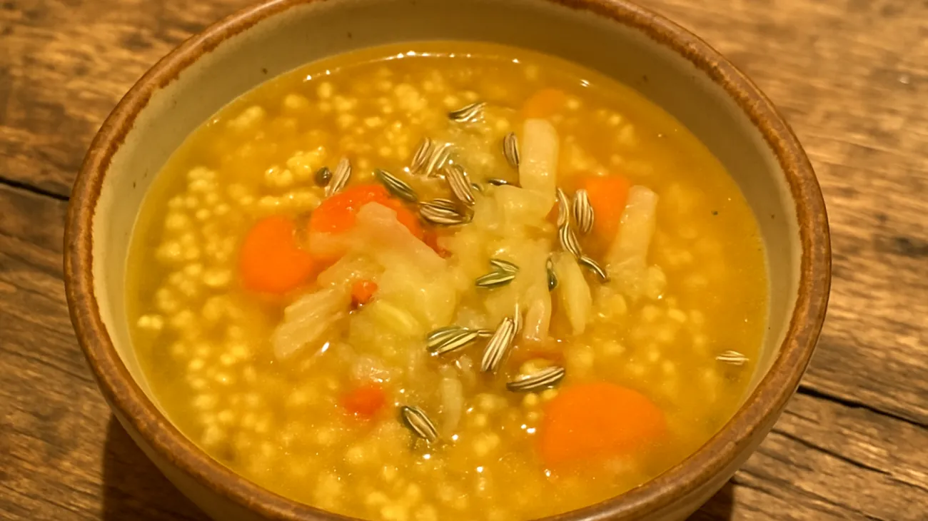 Zuppa di miglio con verdure fermentate e semi di finocchio"