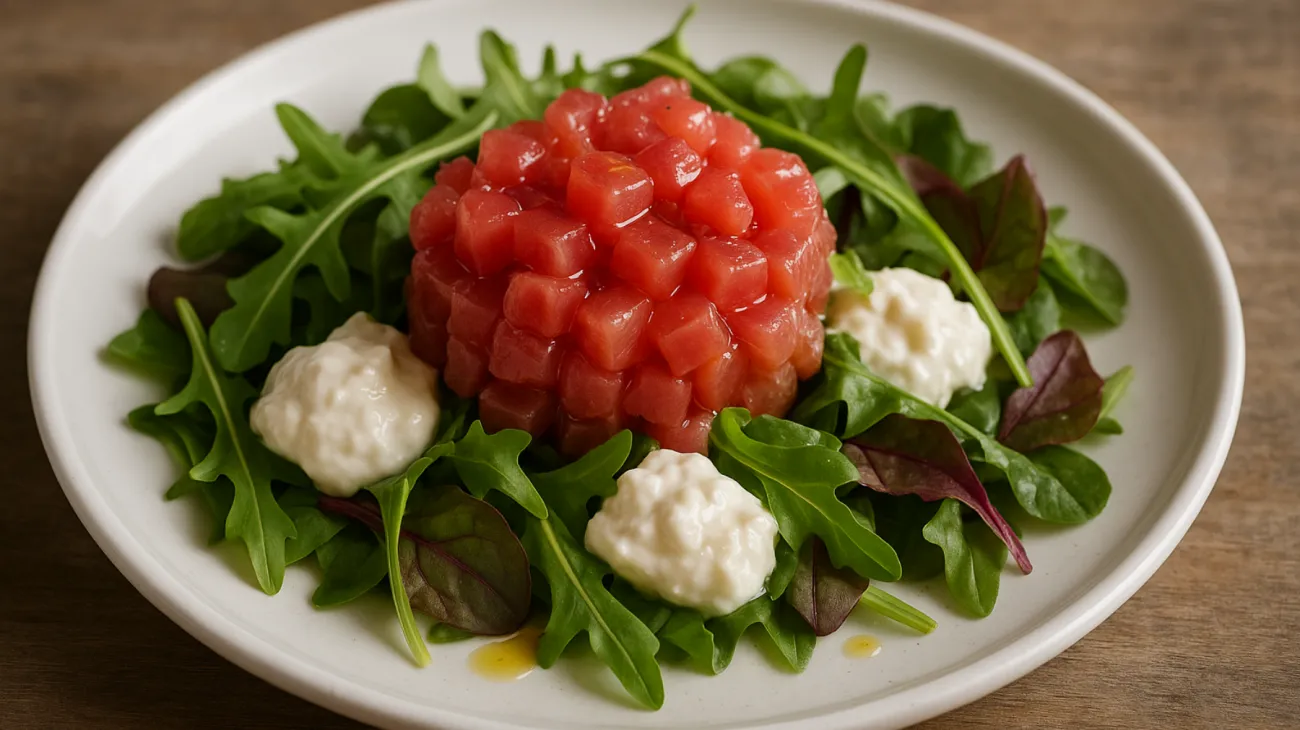 tonno rosso stracciatella misticanza croccante"